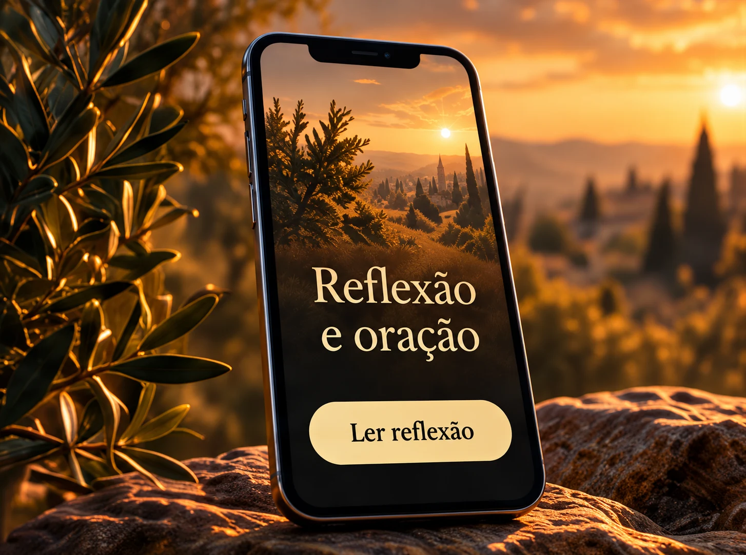 Ilustração de um celular com reflexão e oração; imagem conceitual do aplicativo